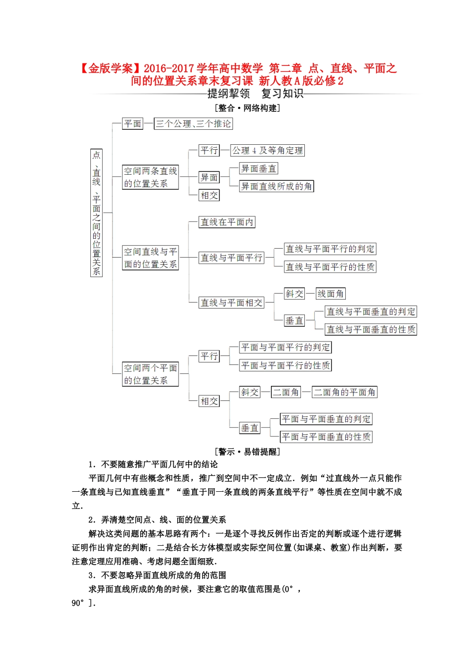 高中数学 第二章 点、直线、平面之间的位置关系章末复习课 新人教A版必修2-新人教A版高一必修2数学试题_第1页