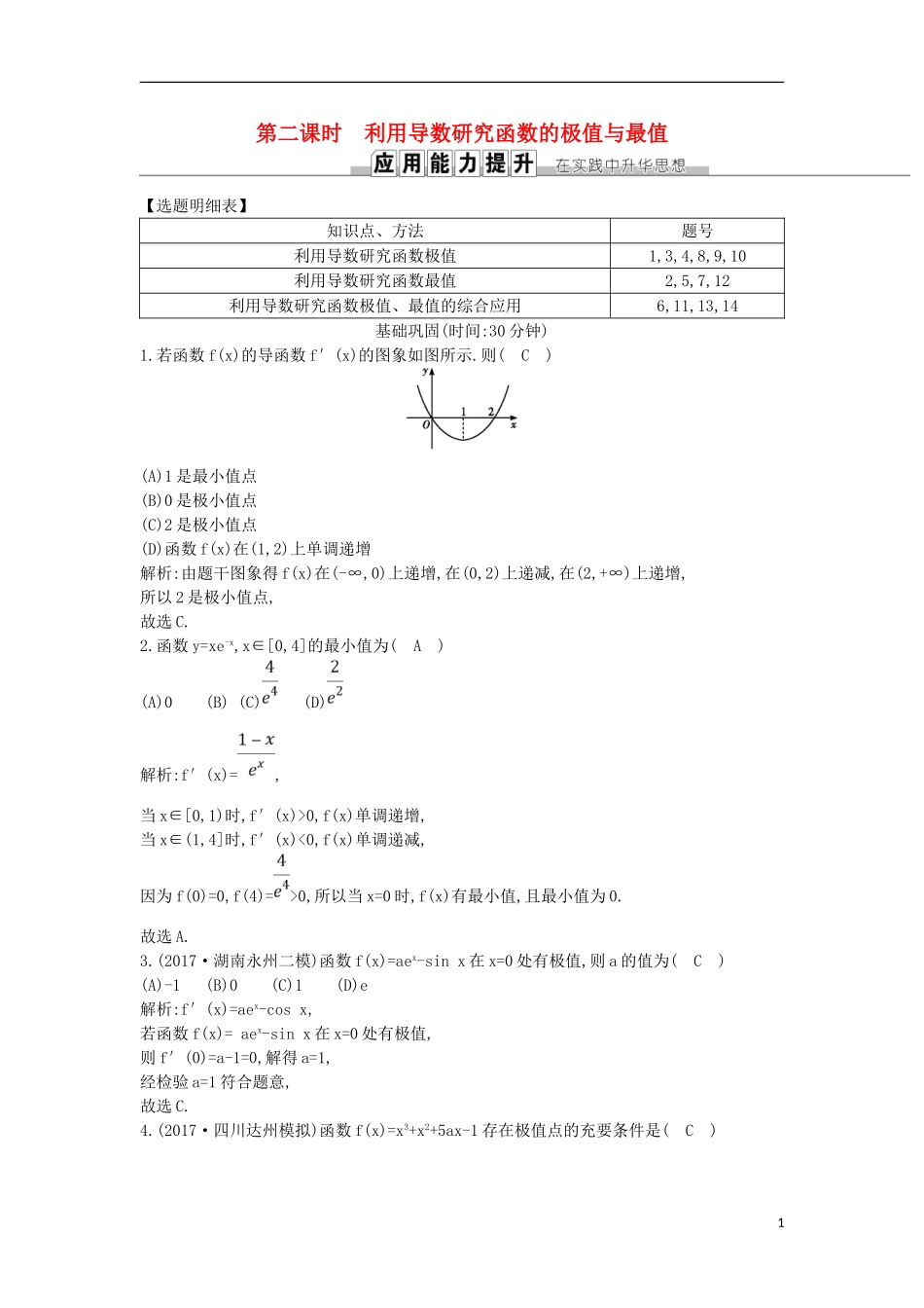 高考数学一轮复习 第二篇 函数、导数及其应用 第11节 第二课时 利用导数研究函数的极值与最值训练 理 新人教版-新人教版高三全册数学试题_第1页