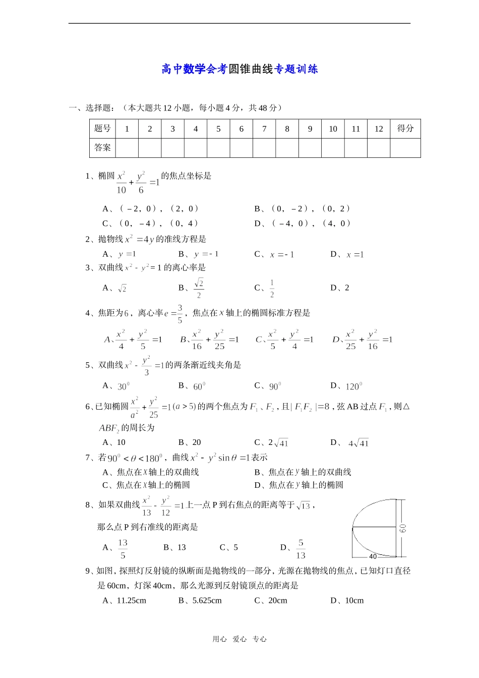 高中数学会考——圆锥曲线专题训练_第1页
