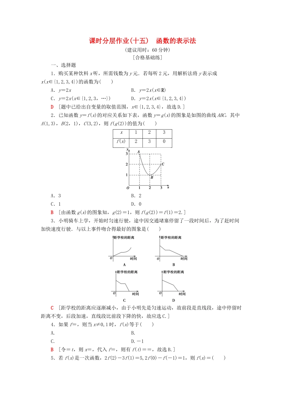 高中数学 课时分层作业15 函数的表示法（含解析）新人教A版必修第一册-新人教A版高一第一册数学试题_第1页
