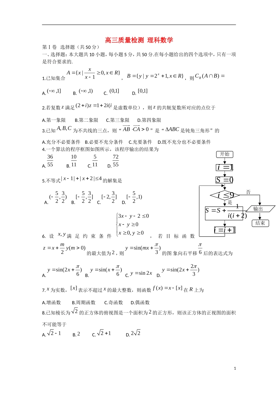 山东省文登市高三数学第二次模拟考试试题 理-人教版高三全册数学试题_第1页