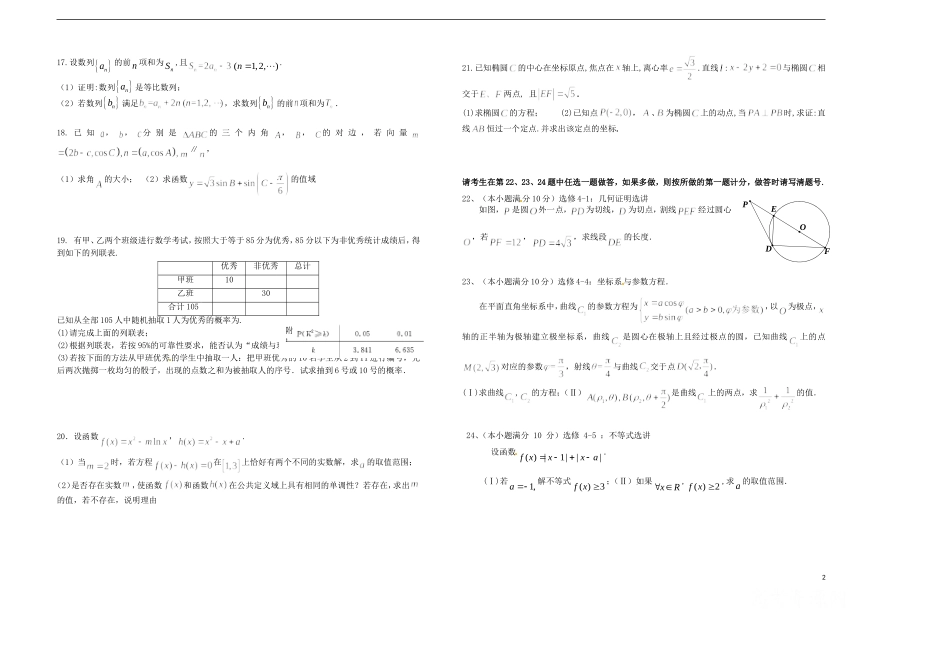 河南省潢川一中高三数学滚动练习（十七）文 新人教A版_第2页