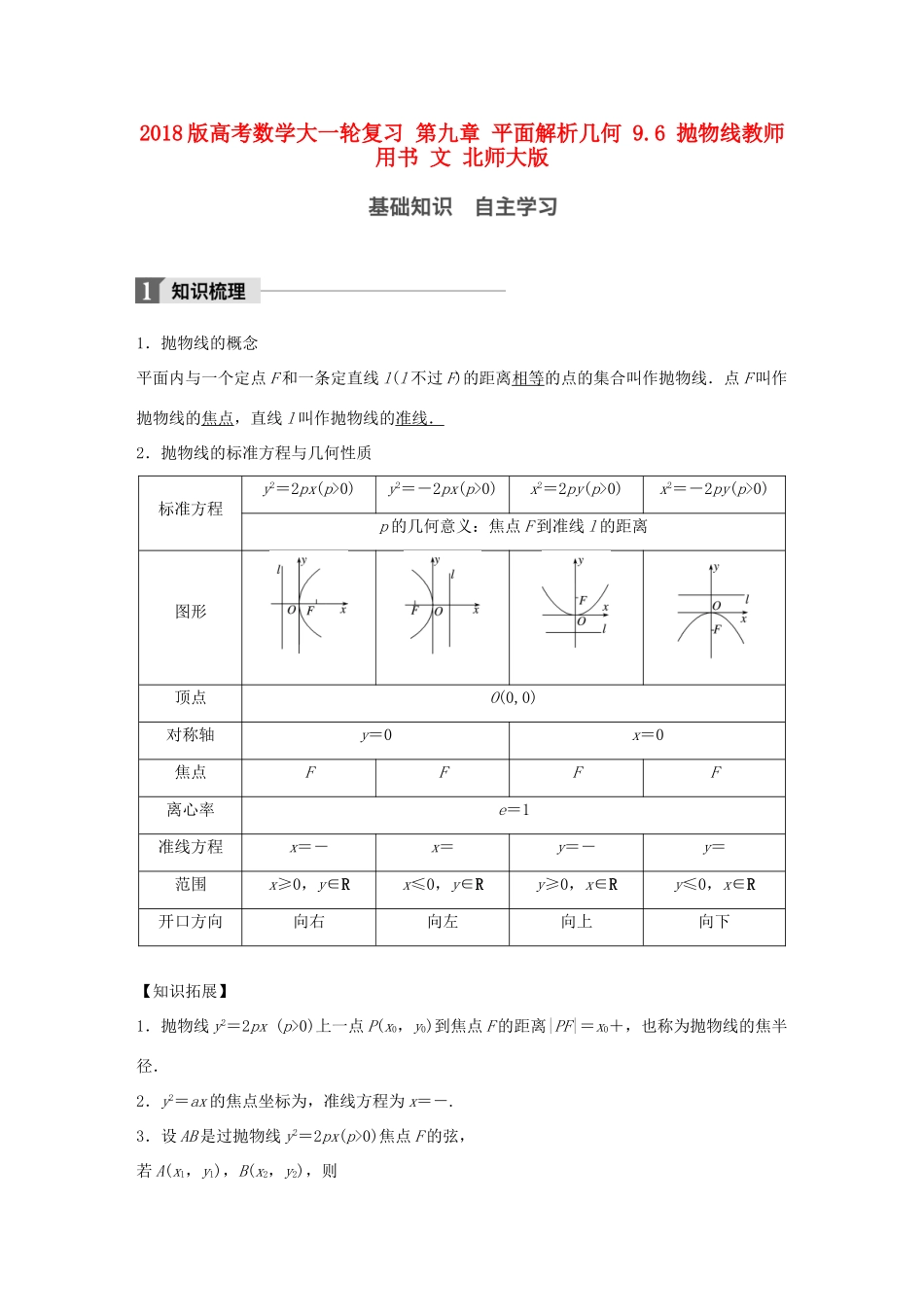 高考数学大一轮复习 第九章 平面解析几何 9.6 抛物线教师用书 文 北师大版-北师大版高三全册数学试题_第1页