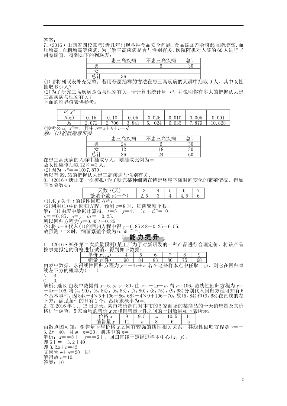 高考数学一轮复习 第10章 统计、统计案例及算法初步 第3讲 相关性与最小二乘估计、统计案例知能训练轻松闯关 文 北师大版-北师大版高三全册数学试题_第2页