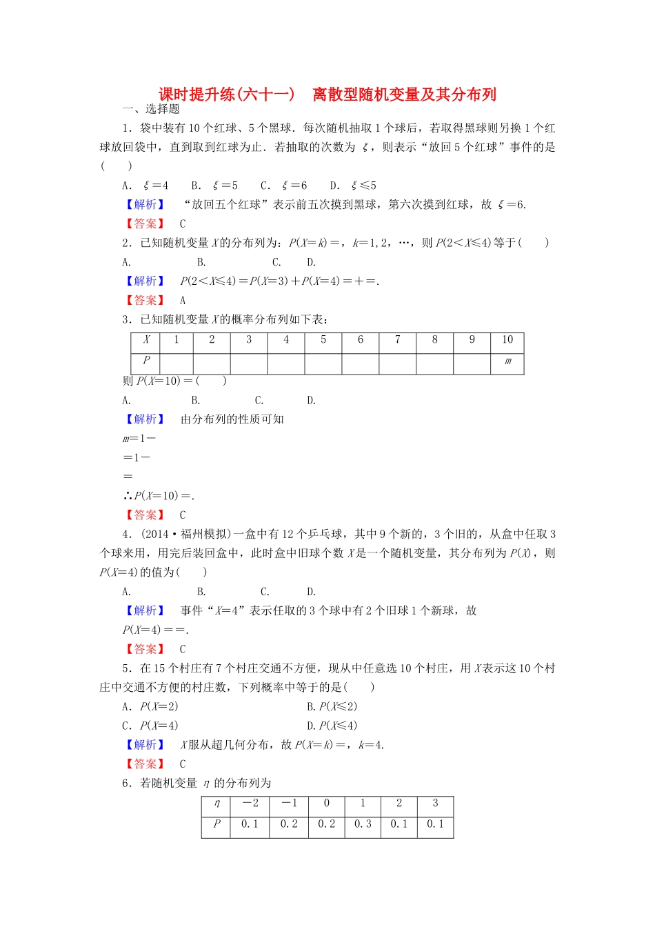 高考总动员高考数学总复习 课时提升练61 离散型随机变量及其分布列 理 新人教版-新人教版高三全册数学试题_第1页