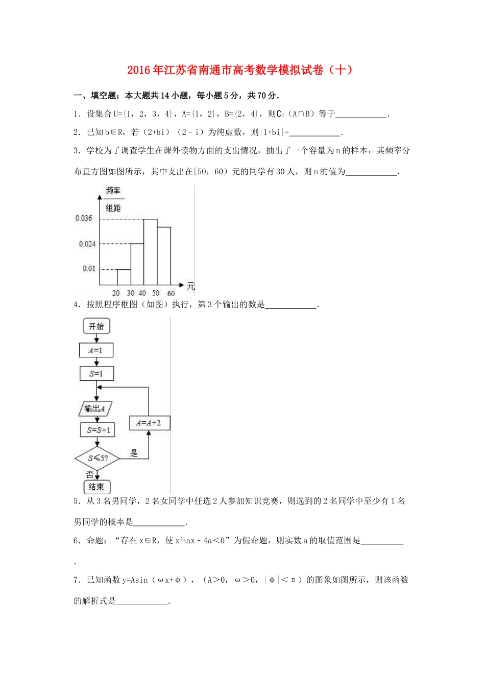 江苏省南通市高三数学模拟试卷（十）（含解析）-人教版高三全册数学试题_第1页