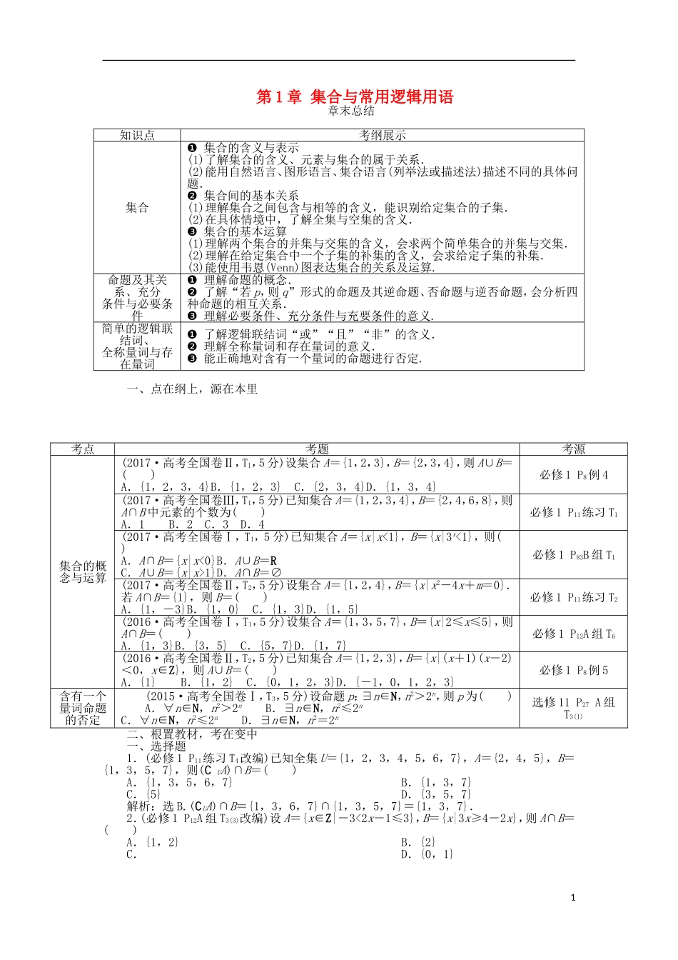 高考数学一轮复习 第1章 集合与常用逻辑用语章末总结分层演练 文-人教版高三全册数学试题_第1页