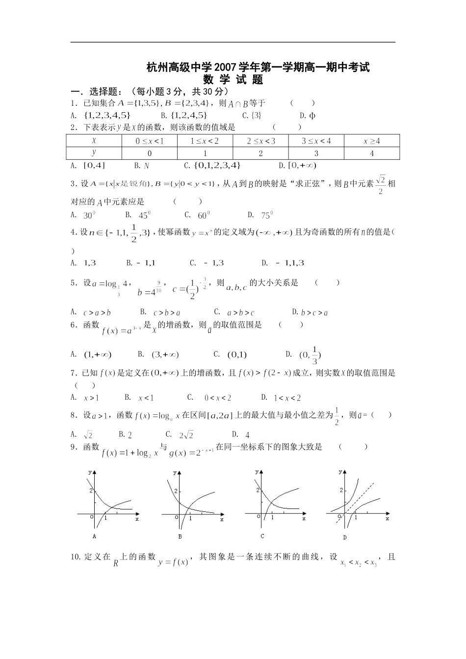 浙江省杭州高级中学高一数学期中试卷  人教版_第1页