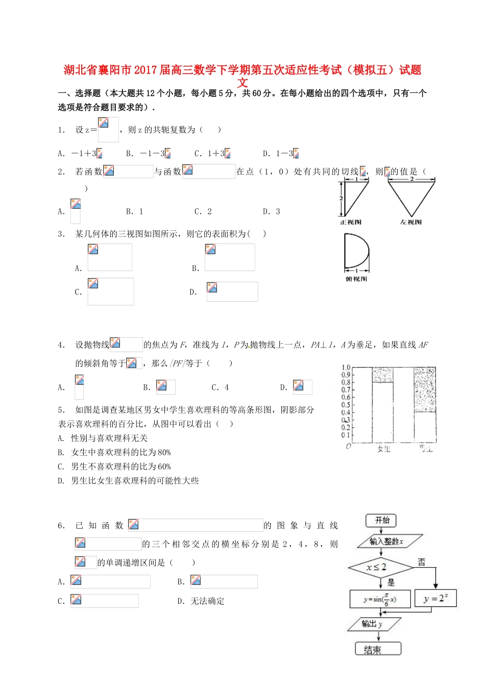 湖北省襄阳市高三数学下学期第五次适应性考试（模拟五）试题 文-人教版高三全册数学试题_第1页