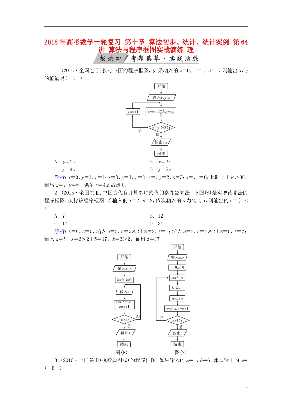 高考数学一轮复习 第十章 算法初步、统计、统计案例 第64讲 算法与程序框图实战演练 理-人教版高三全册数学试题_第1页