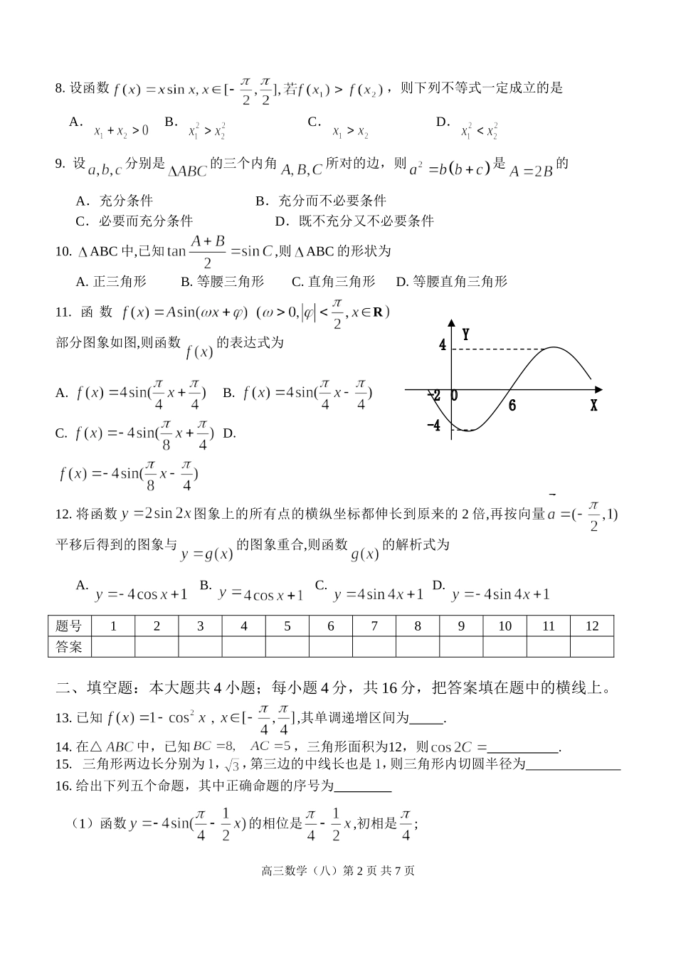 江苏省范水高级中学高三第一轮复习训练题数学（8）（三角函数试题2）_第2页