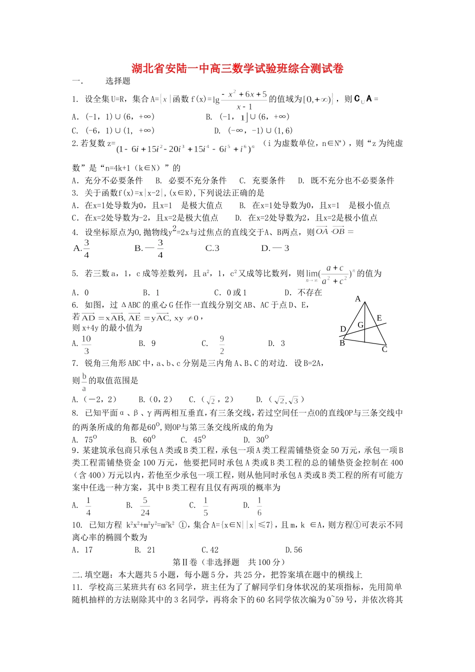 湖北省安陆一中高三数学试验班综合测试卷_第1页