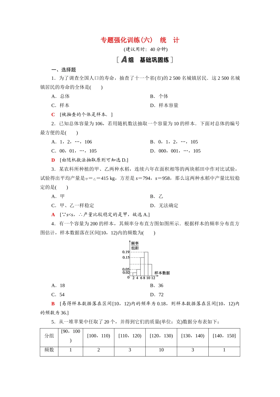 高中数学 第六章 统计专题强化训练（含解析）北师大版必修第一册-北师大版高一第一册数学试题_第1页