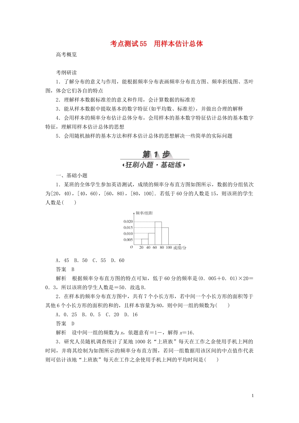 高考数学刷题首选卷 第八章 概率与统计 考点测试55 用样本估计总体 文（含解析）-人教版高三全册数学试题_第1页