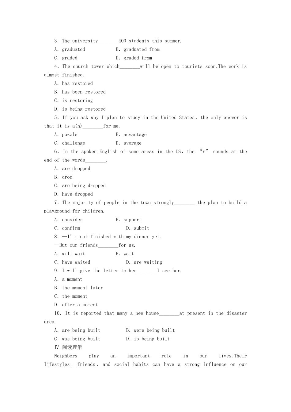 高中英语 Unit1 Period5 Lesson3 A Volunteer Teacher课时训练 北师大版教材必修1-北师大版教材高一必修1英语测试卷_第2页