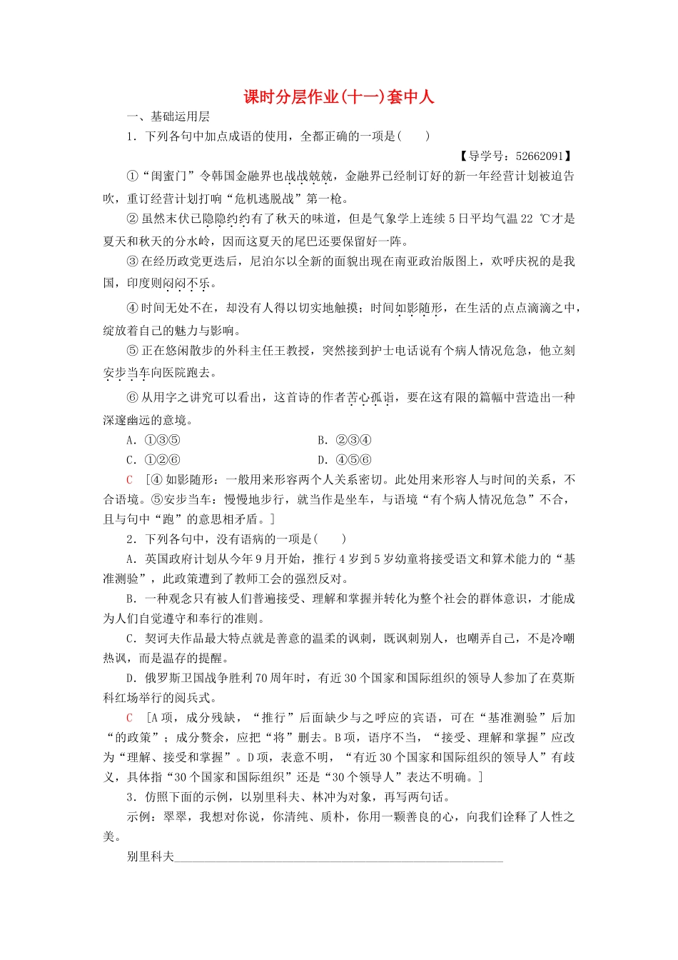 高中语文 第4单元 人生百相 课时分层作业11 套中人 鲁人版教材必修2-鲁人版教材高一必修2语文测试卷_第1页