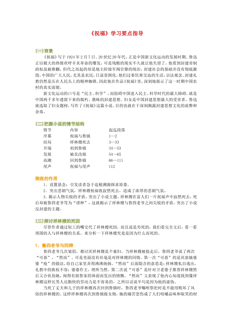 高一语文《祝福》学习要点指导_第1页