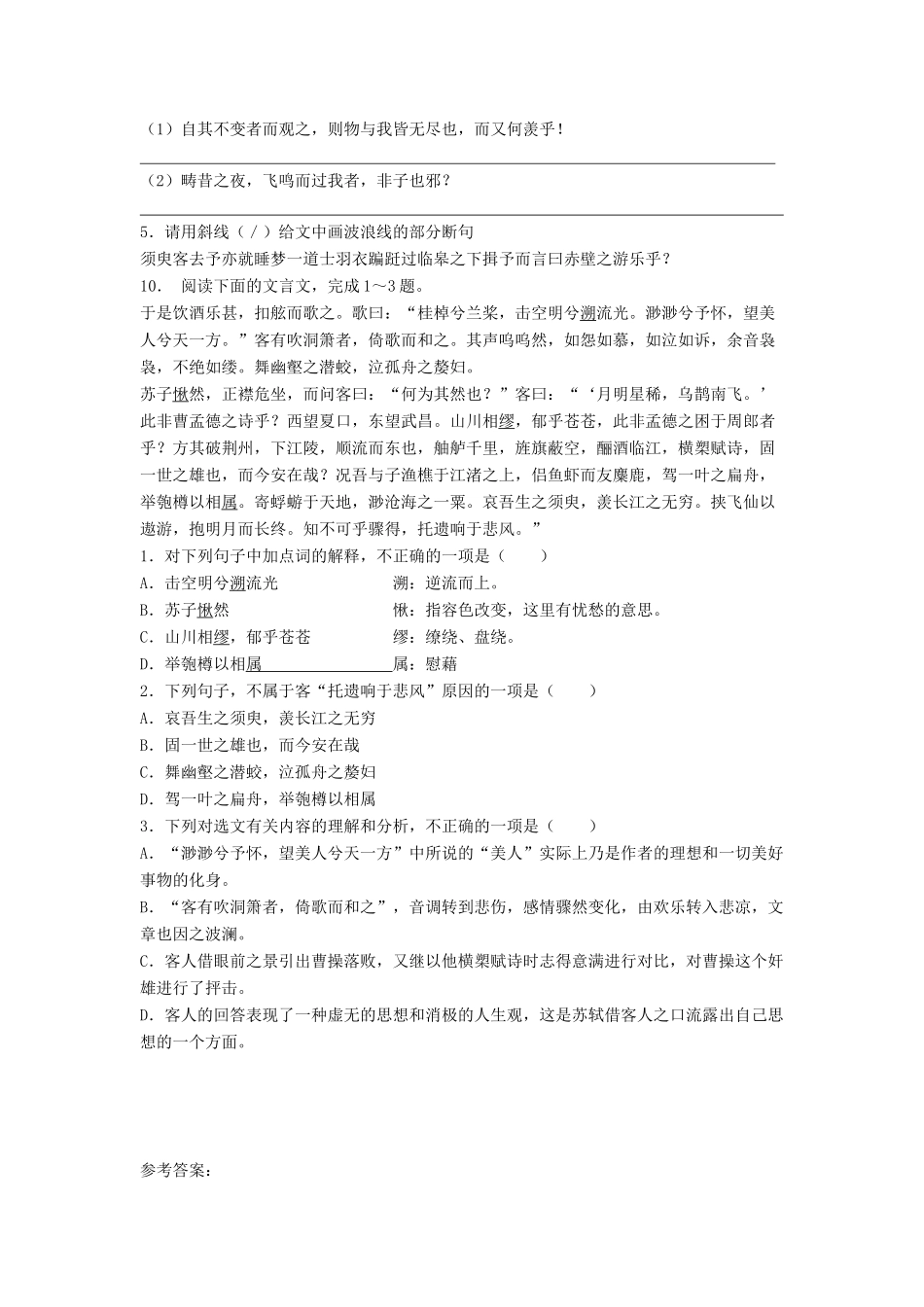 江苏省高考语文专项复习 文言文整体阅读 赤壁赋练习题（1）-人教版教材高三全册语文测试卷_第3页