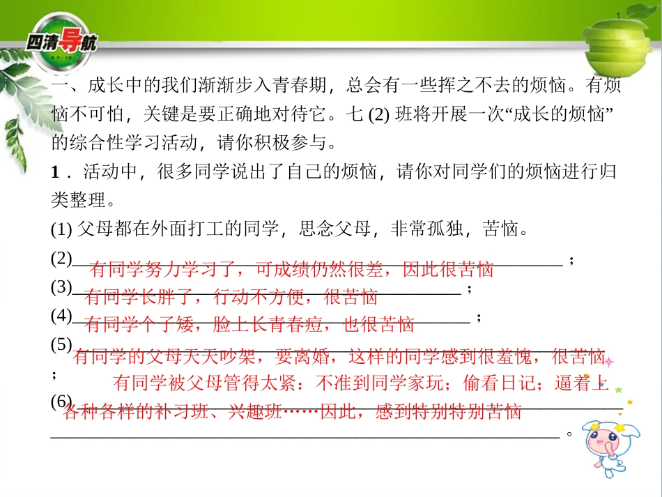 【四清导航】2015-2016学年七年级语文上册（人教版）习题课件：第四单元综合性学习+成长的烦恼_第2页