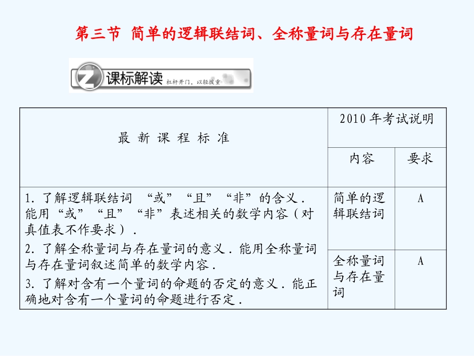 《学案与测评》2011年高考数学总复习 第一单元第三节 简单的逻辑联结词、全称量词与存在量词精品课件 苏教版_第1页
