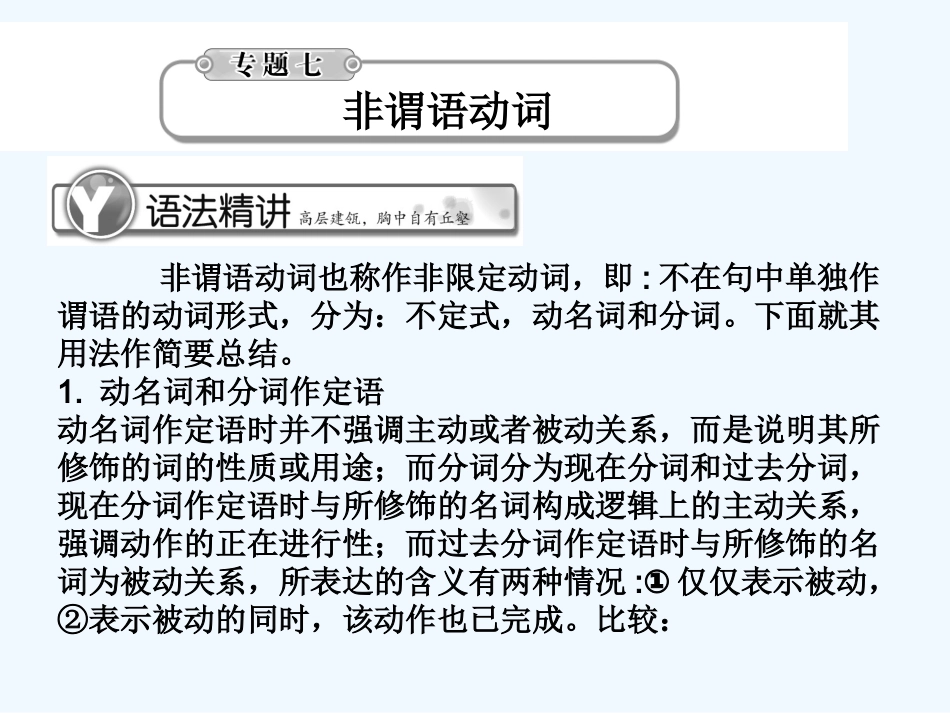 《学案与测评》2011届高考英语总复习 语法提升专题7非谓语动词课件_第1页