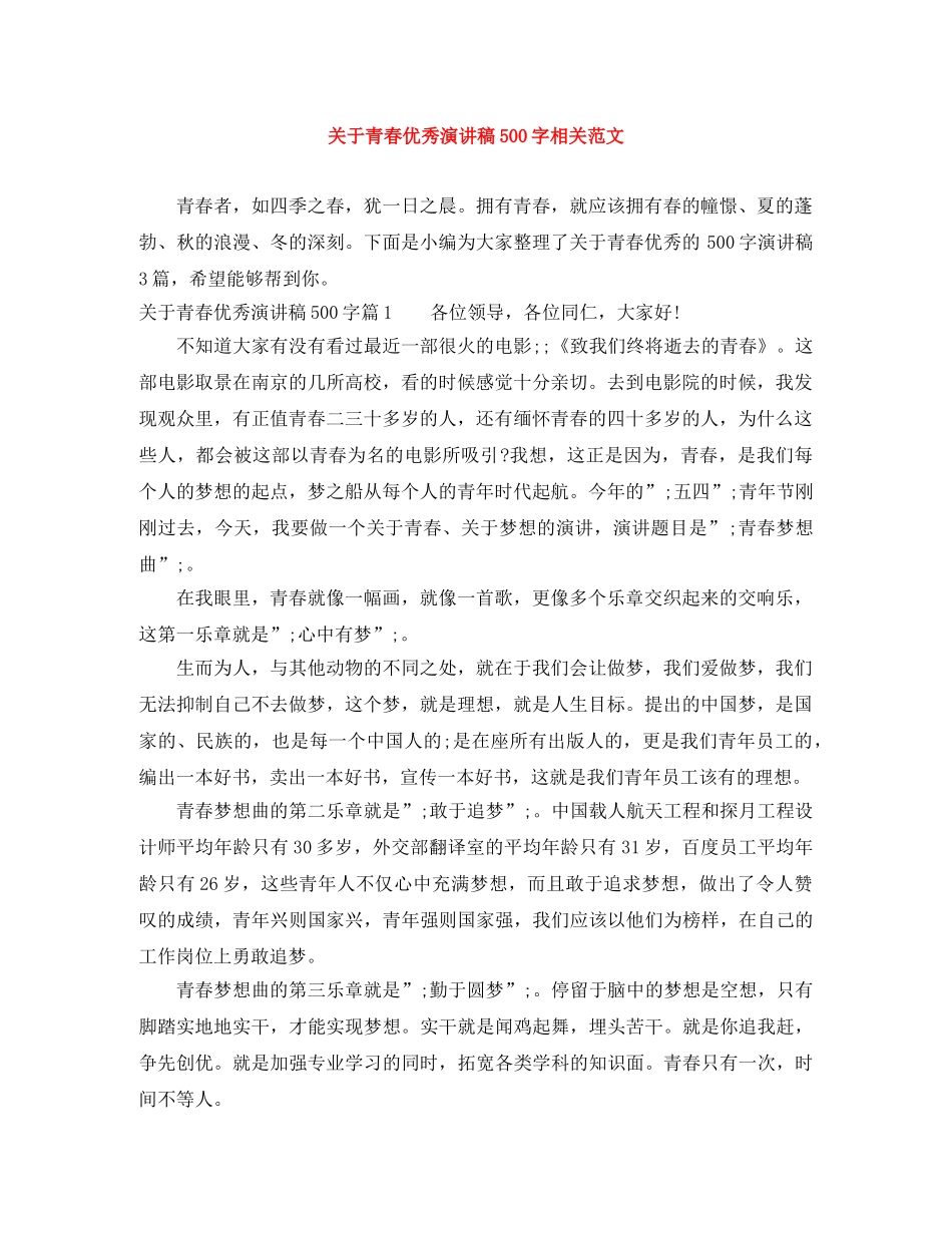 关于青春优秀演讲稿500字相关范文 _第1页