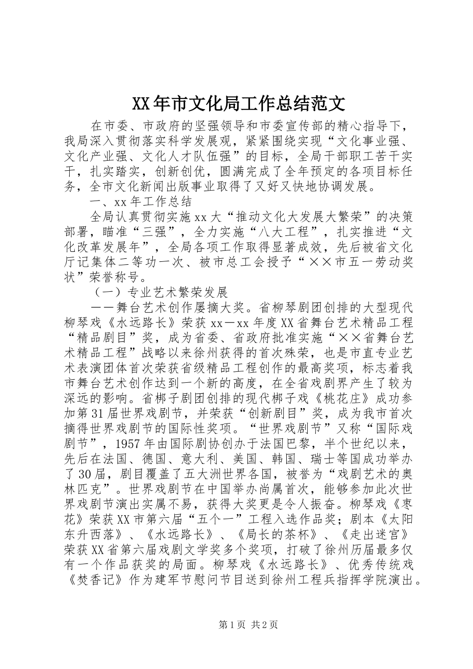 XX年市文化局工作总结范文 _第1页