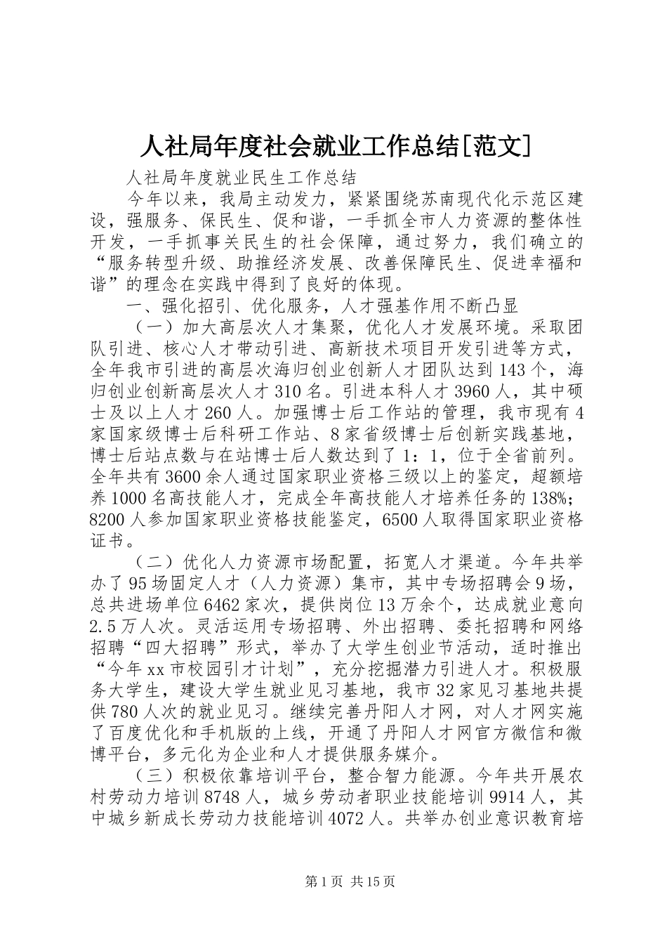 人社局年度社会就业工作总结[范文] _第1页