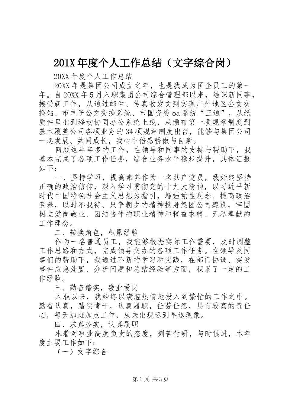 202X年度个人工作总结（文字综合岗）_第1页