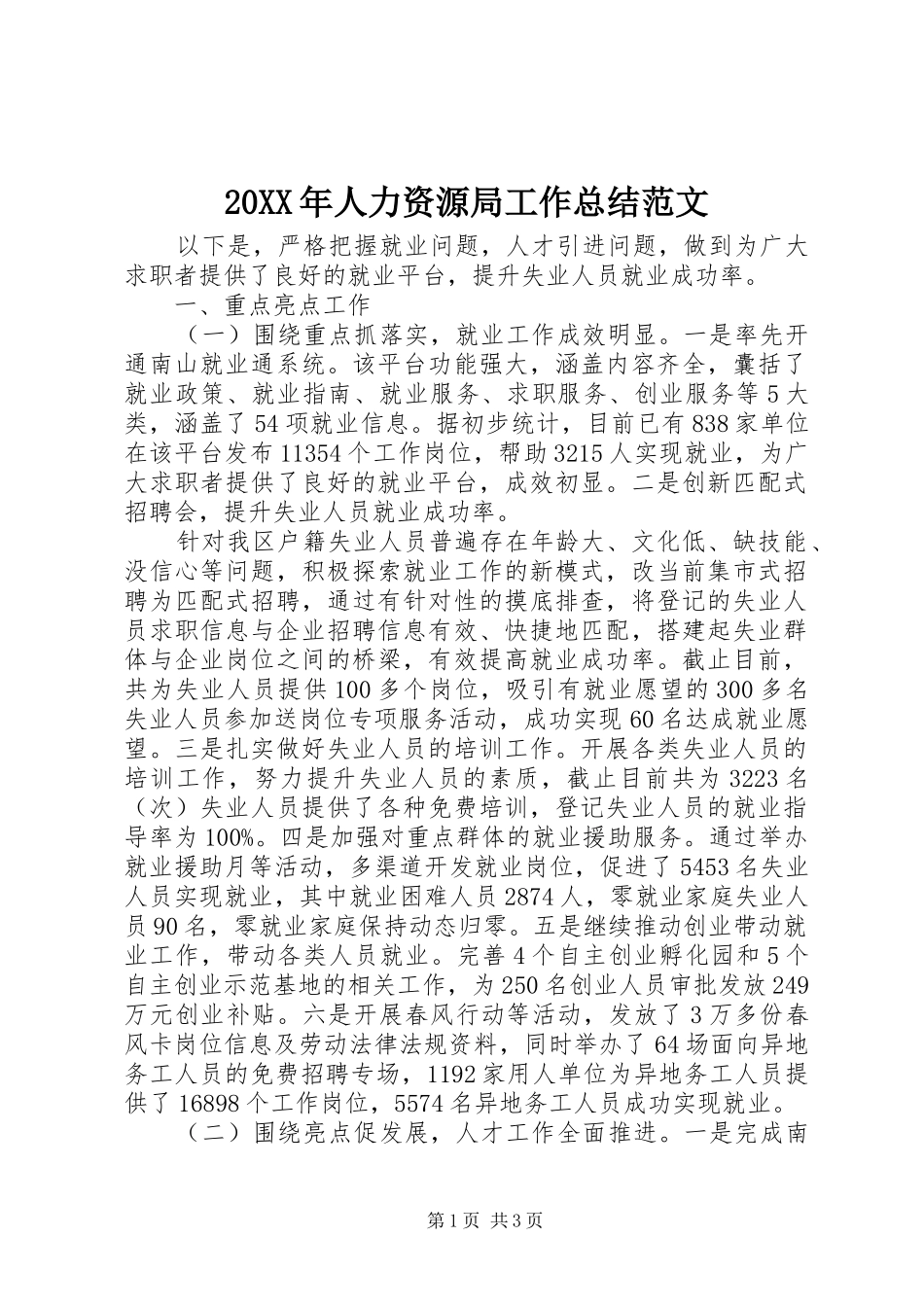 20XX年人力资源局工作总结范文_第1页