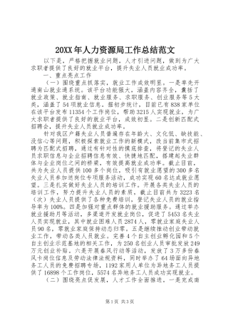 20XX年人力资源局工作总结范文