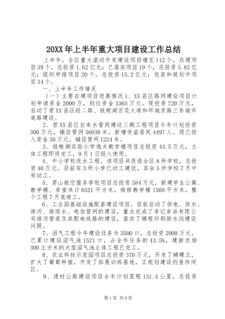 20XX年上半年重大项目建设工作总结