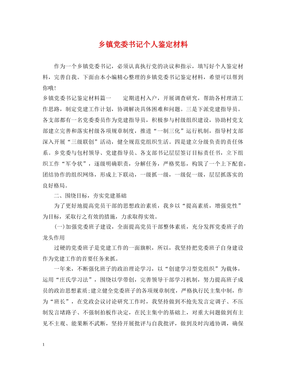 乡镇党委书记个人鉴定材料 _第1页