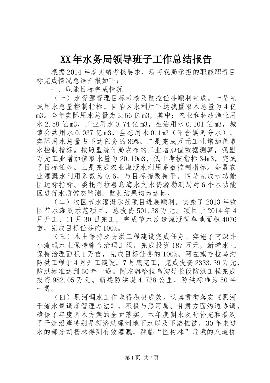 XX年水务局领导班子工作总结报告_第1页