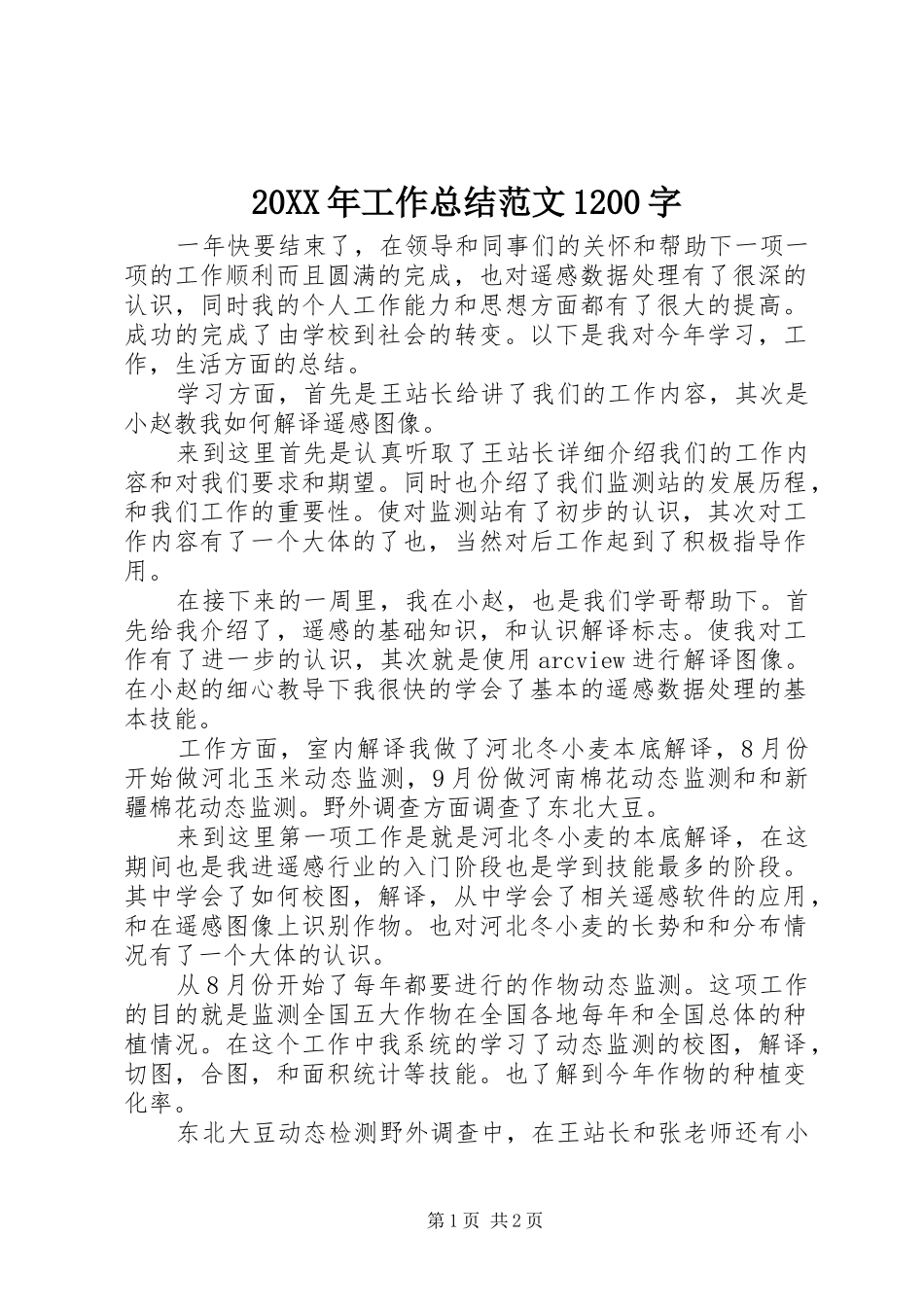 20XX年工作总结范文1200字_第1页