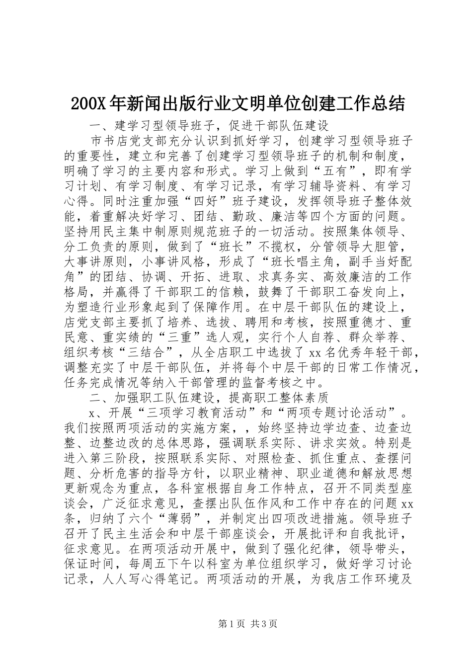 200X年新闻出版行业文明单位创建工作总结_第1页