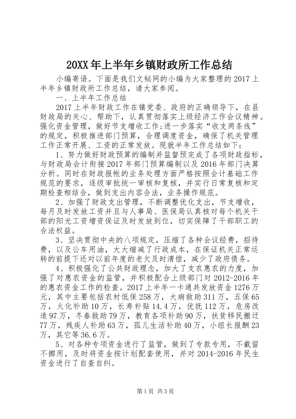 20XX年上半年乡镇财政所工作总结_第1页