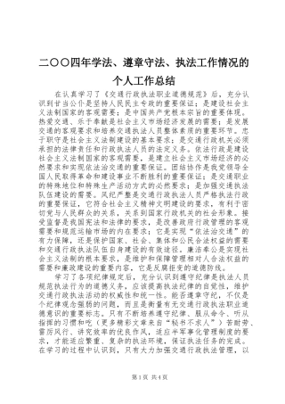 二○○四年学法、遵章守法、执法工作情况的个人工作总结 