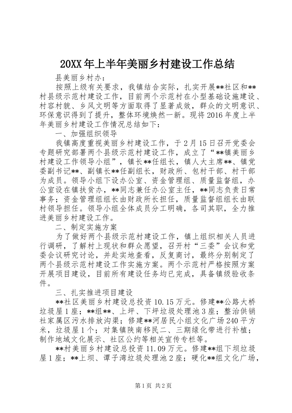 20XX年上半年美丽乡村建设工作总结_第1页