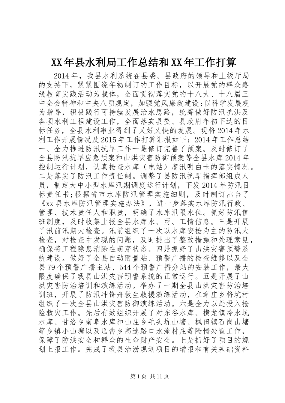 XX年县水利局工作总结和XX年工作打算_第1页