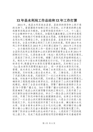 XX年县水利局工作总结和XX年工作打算