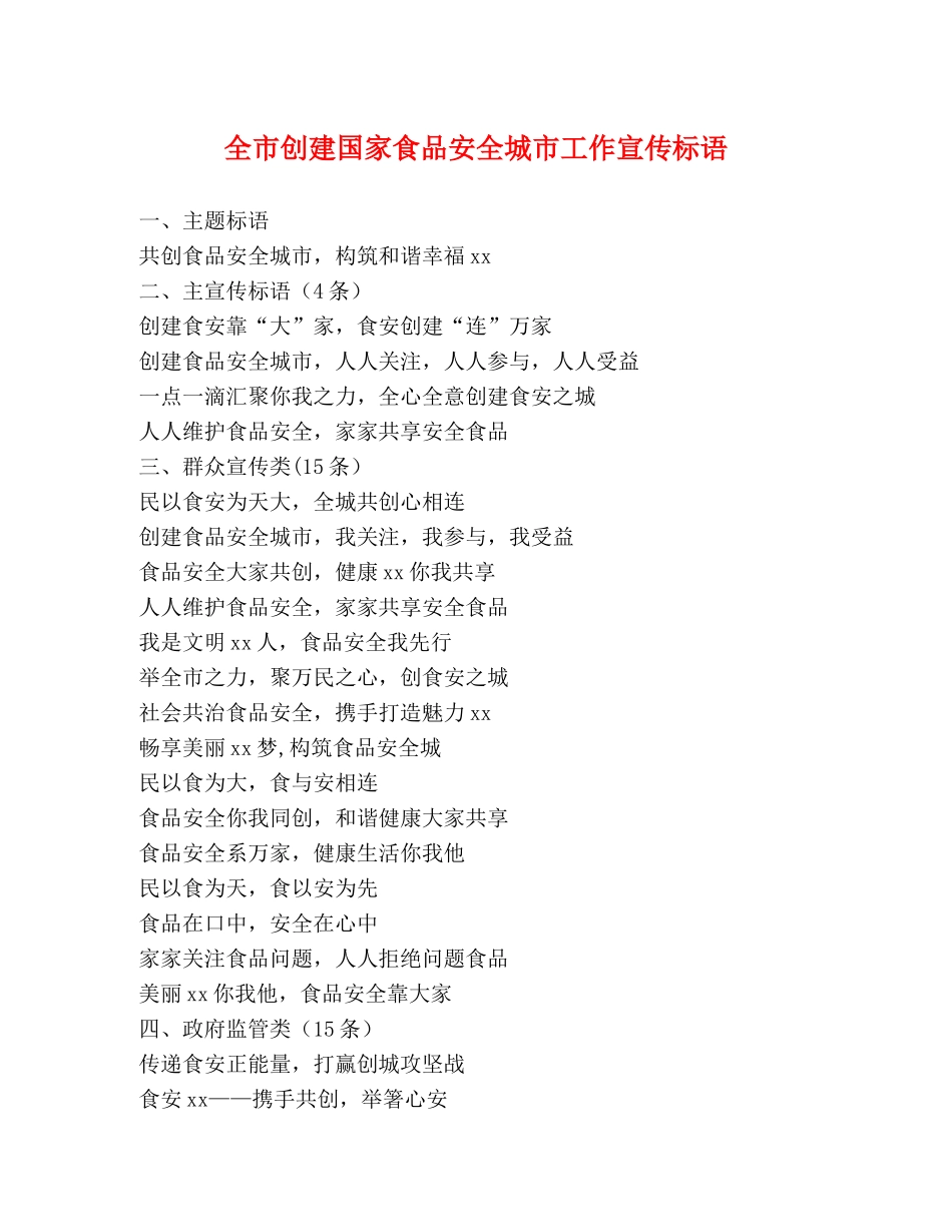 全市创建国家食品安全城市工作宣传标语 _第1页
