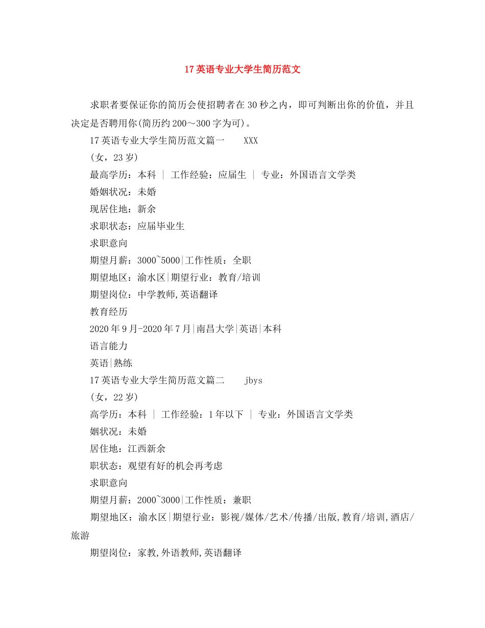 17英语专业大学生简历范文_第1页