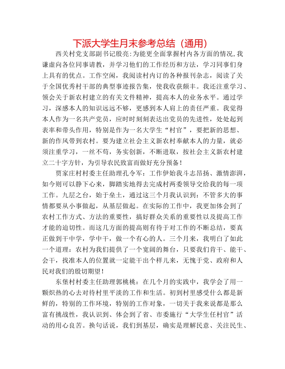 下派大学生月末参考总结（通用） _第1页