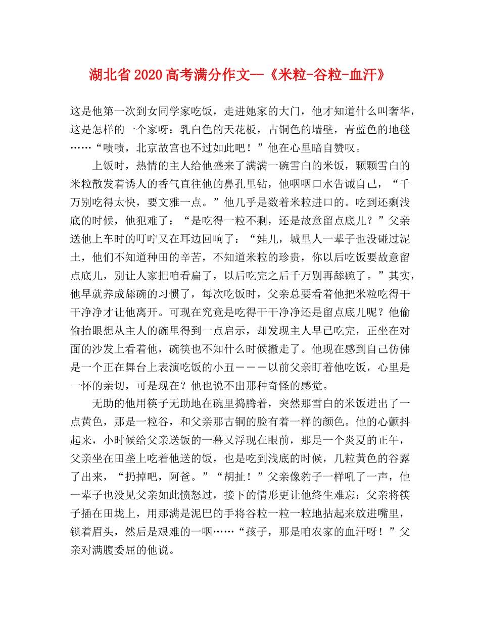 湖北省2024高考满分作文--《米粒-谷粒-血汗》 _第1页
