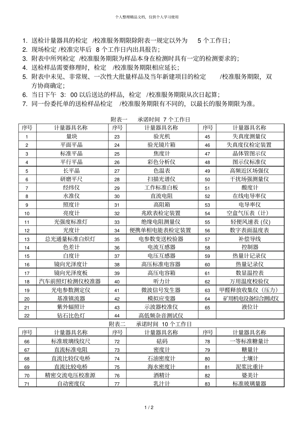 送检计量器具的检定校准服务期限除附表一规定以外为5个工_第1页