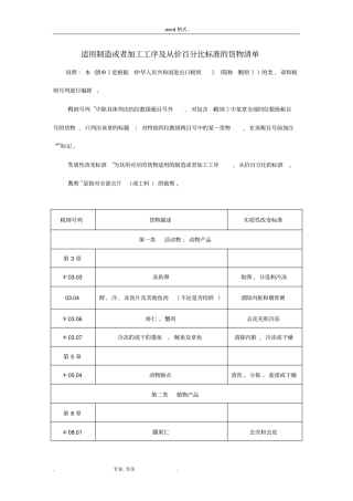 适用制造或者加工工序与从价百分比