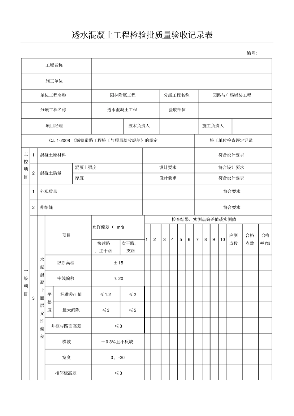 透水混凝土工程检验批质量验收记录表_第1页