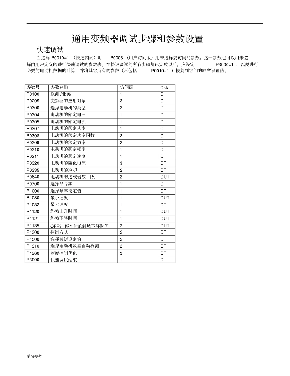 通用变频器调试步骤和参数设置_第1页