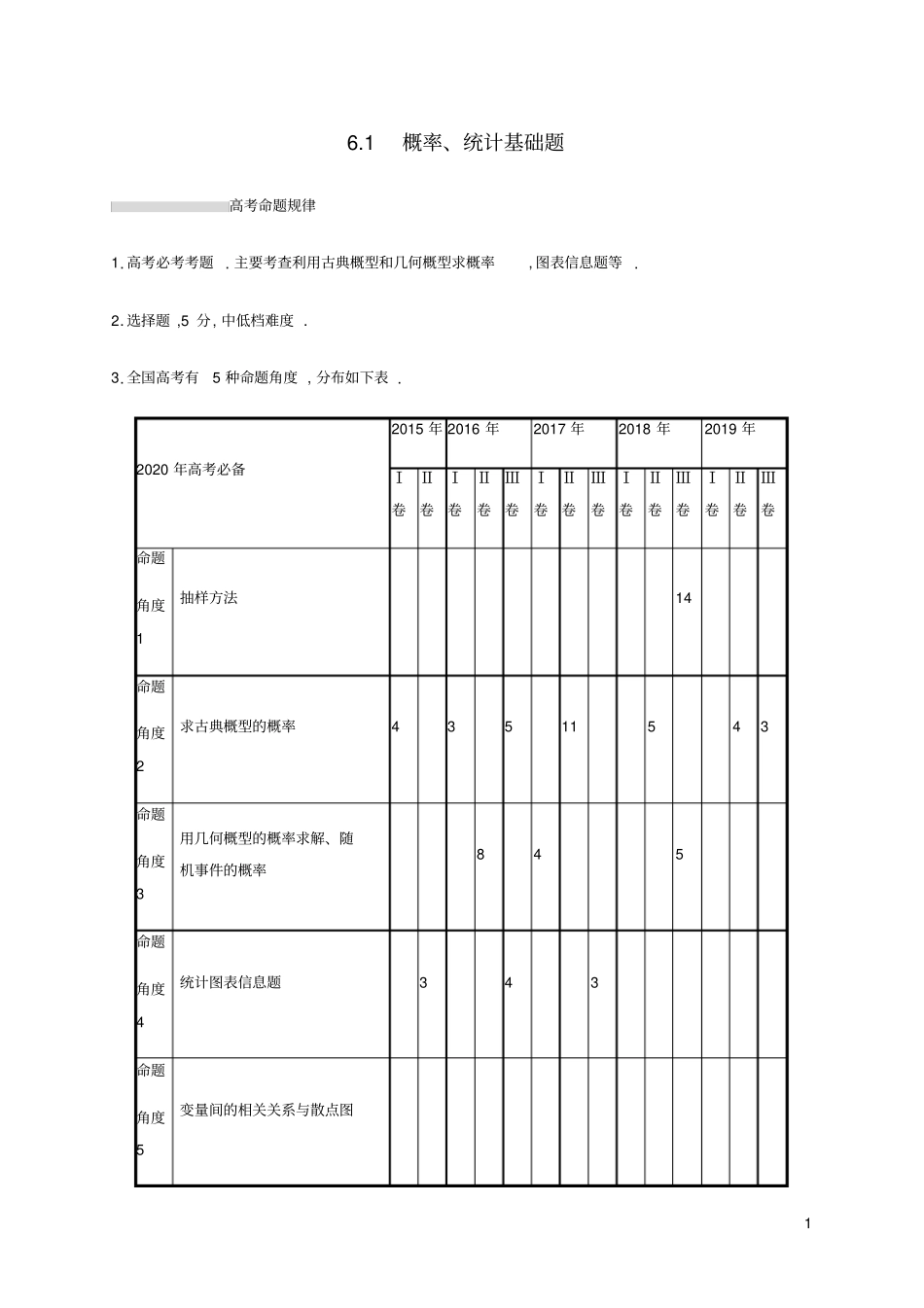通用版2020版高考数学复习专题六统计与概率1概率、统计基础题练习文_第1页